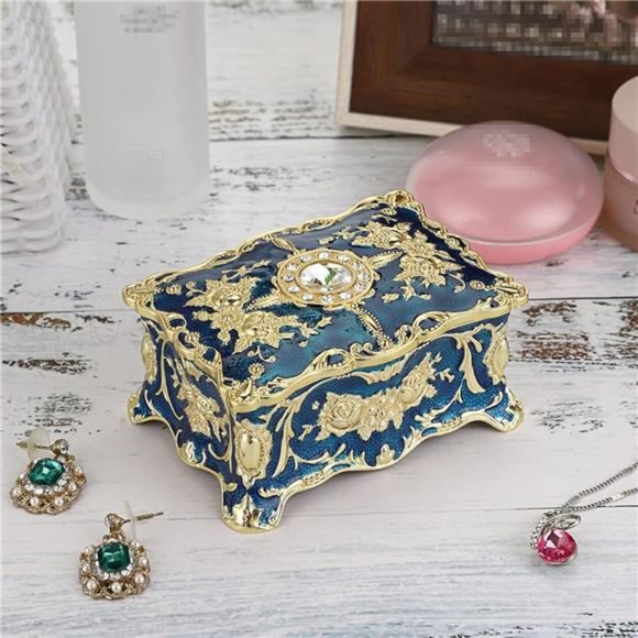 Vintage Jewelry Box, Small Enameled Trinket Box Organizer, 3.7x 2.7x 2 inch - Picture 2 of 7